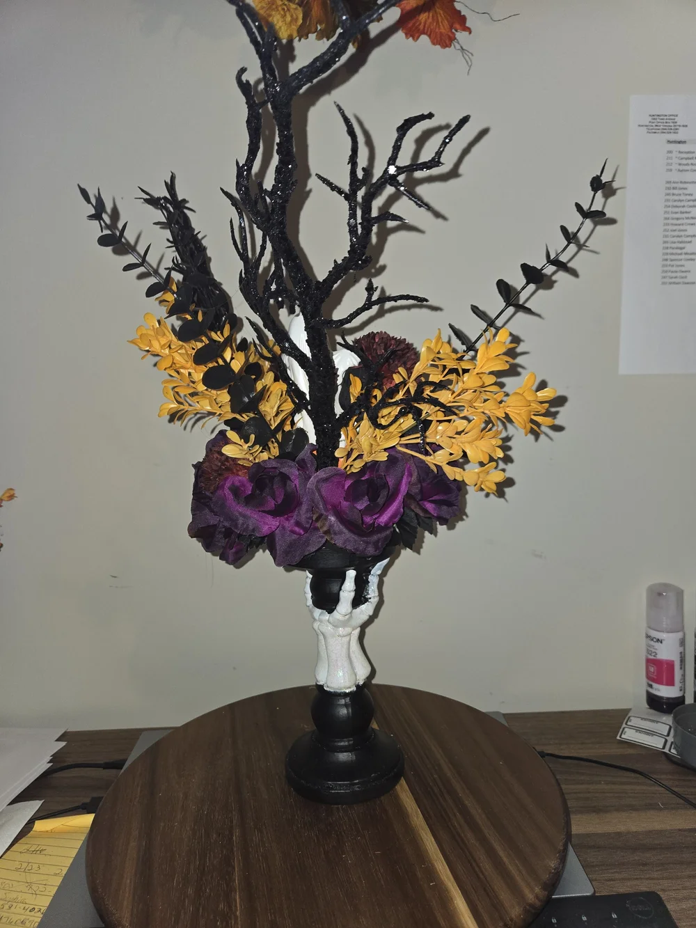 Halloween Faux Floral Arrangement with Purple, Orange & Black Accents W/ Ghost